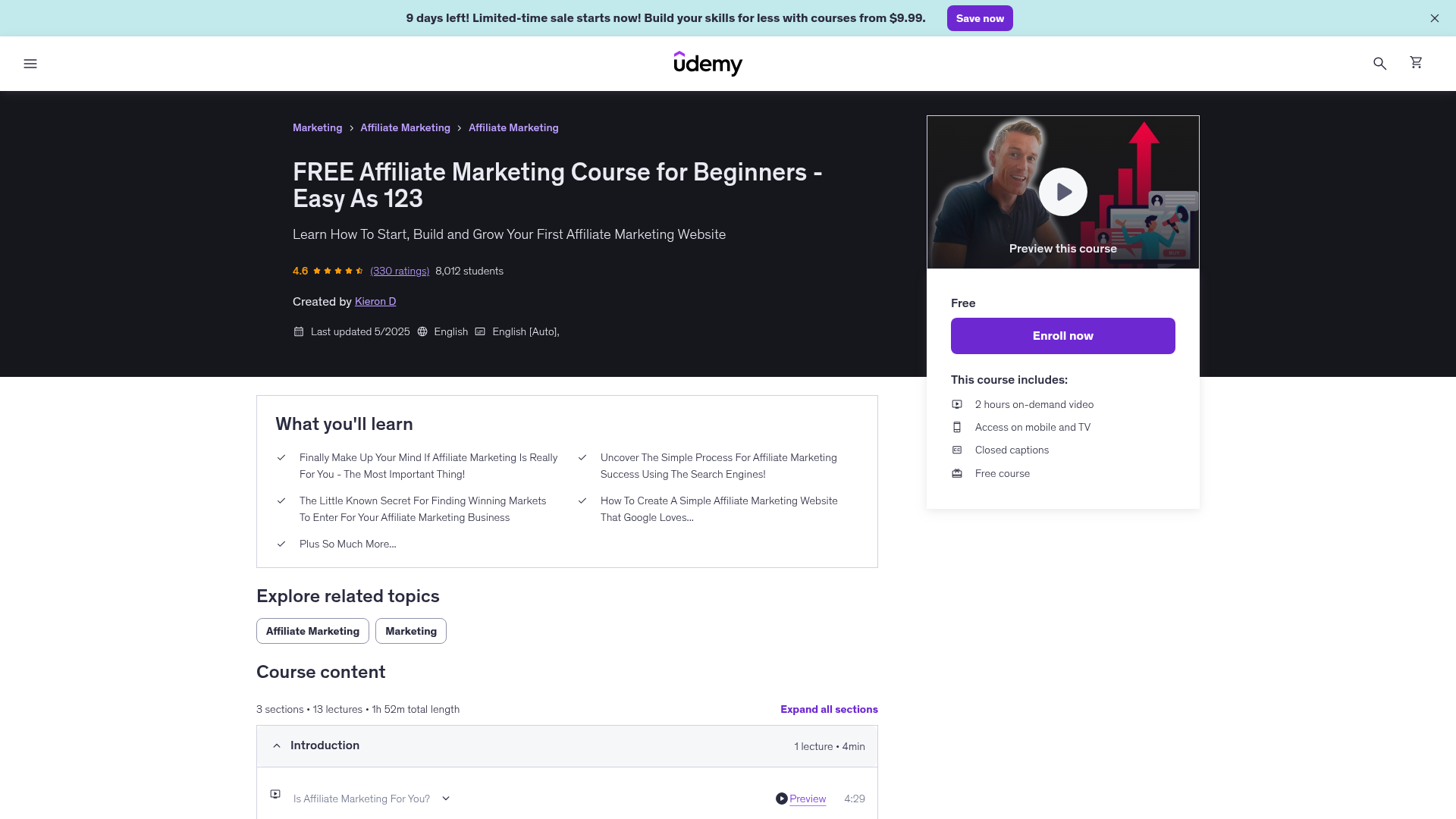 1. Udemy Free Affiliate Marketing Course for Beginners Homepage