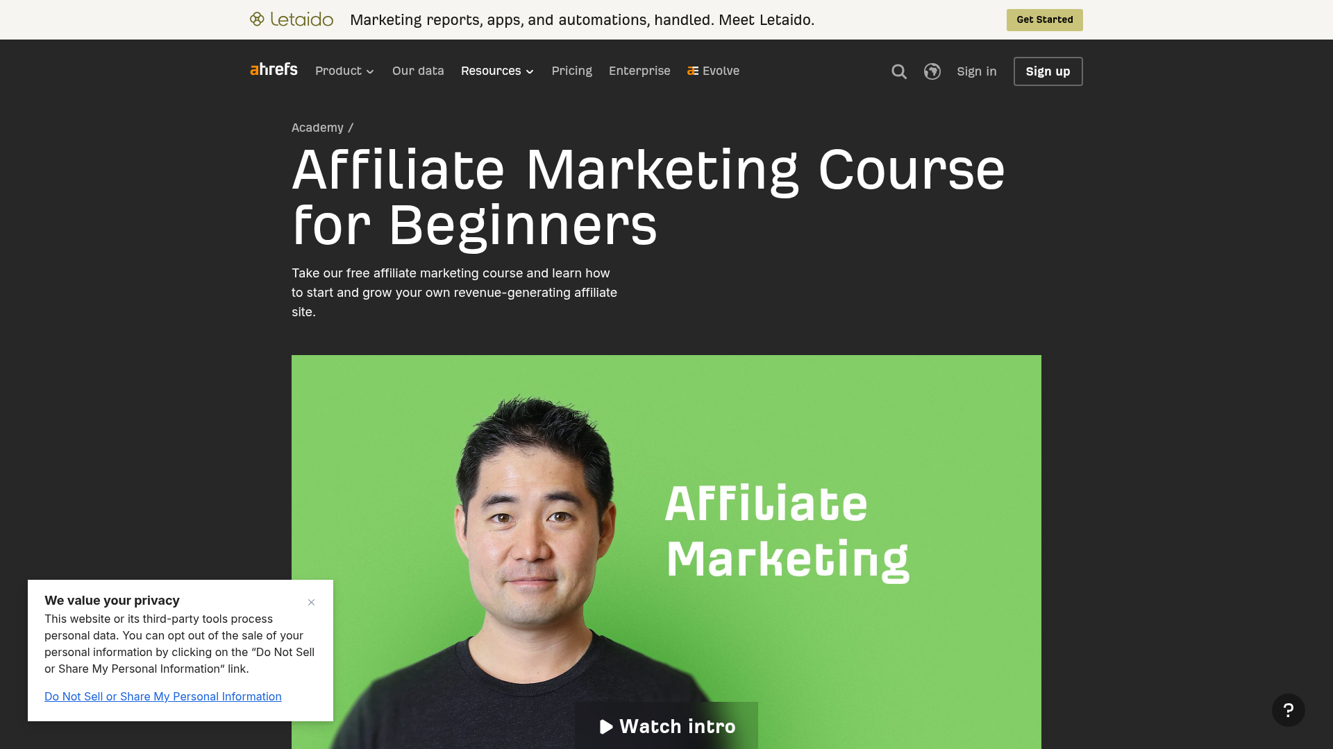 2. Ahrefs Academy Affiliate Marketing Course for Beginners Homepage